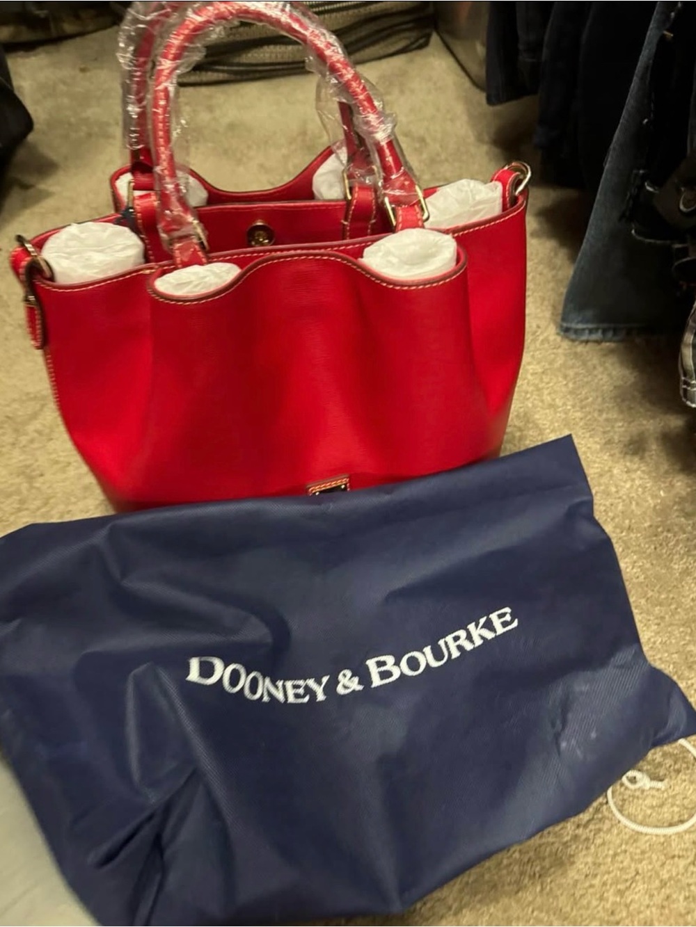 Dooney & Bourke Red Saffiano Leather Tote with Gold Plaque - Picture 2 of 5